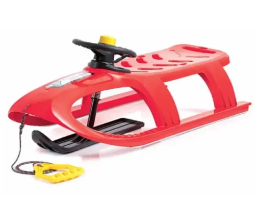 Czerwone sanki plastikowe z kierownicą Prosperplast Bullet Control o długości 102 cm z klaksonem i linką.