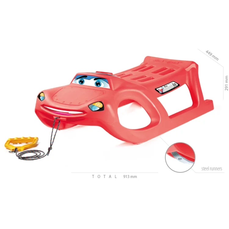 Rzut techniczny oraz gabarytowe wymiary dziecięcych sanek autka Zigi-Zet wynoszące 913 × 449 × 291 mm.