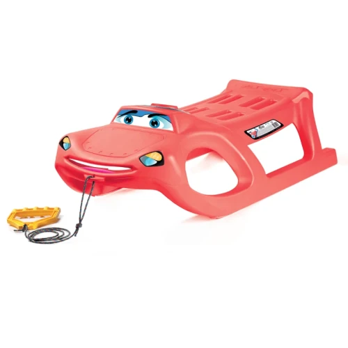 Czerwone sanki plastikowe dla dzieci Prosperplast Zigi-Zet w kształcie sportowego samochodu z linką.