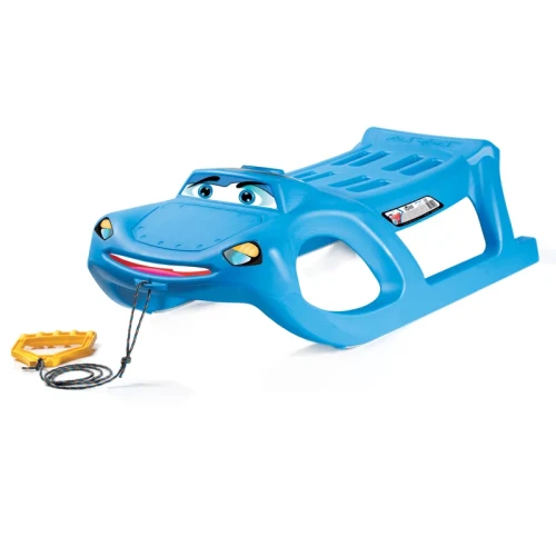 Niebieskie sanki plastikowe dla dzieci Prosperplast Zigi-Zet w kształcie sportowego samochodu z linką.