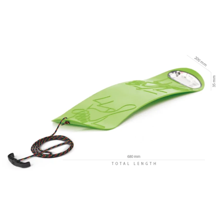 Rzut techniczny oraz gabarytowe wymiary elastycznej deski snowboardowej wynoszące 680 × 200 × 35 mm.