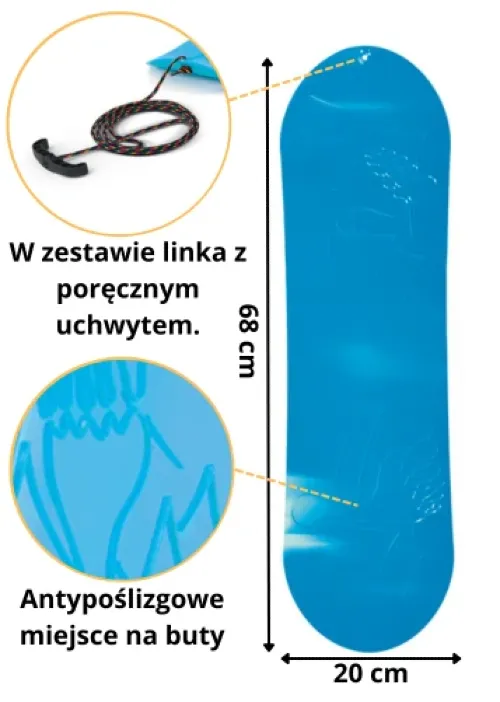 Ślizgacz śnieżny typu mini snowboard o masie 471 g i wytrzymałości do 100 kg z ryflowaną powłoką antypoślizgową.