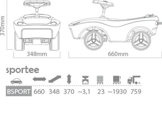 Rzut techniczny oraz dokładne wymiary gabarytowe jeździka dziecięcego Sportee wynoszące 660 × 348 × 370 mm.