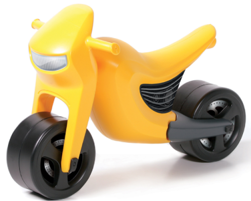 Żółty jeździk dla dziecka Brumee Speedee w kształcie sportowego motorka do odpychania.