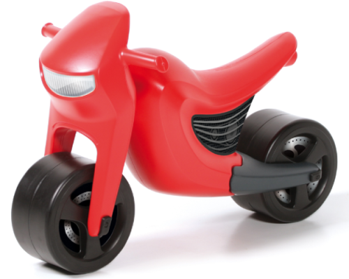 Czerwony jeździk dla dziecka Brumee Speedee w kształcie sportowego motorka do odpychania.