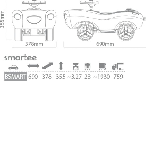 Rzut techniczny oraz dokładne wymiary gabarytowe jeździka dziecięcego Smartee wynoszące 690 × 378 × 355 mm.