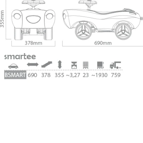 Rzut techniczny oraz dokładne wymiary gabarytowe jeździka dziecięcego Smartee wynoszące 690 × 378 × 355 mm.