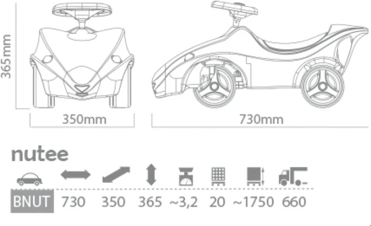 Rzut techniczny oraz dokładne wymiary gabarytowe jeździka dziecięcego Nutee wiewiórki wynoszące 730 × 350 × 365 mm.
