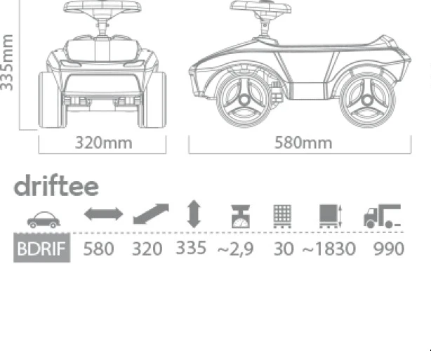 Rzut techniczny oraz dokładne wymiary gabarytowe jeździka dziecięcego Driftee wynoszące 580 × 320 × 335 mm.