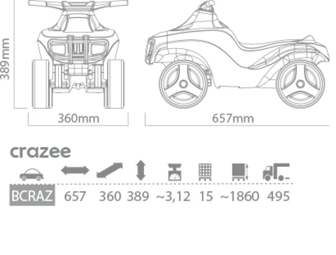 Rzut techniczny oraz dokładne wymiary gabarytowe jeździka dziecięcego quada Crazee wynoszące 657 × 360 × 389 mm.