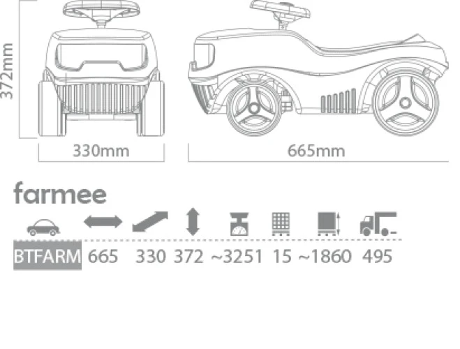 Rysunek techniczny z dokładnymi wymiarami gabarytowymi jeździka traktorka Farmee wynoszącymi 665 × 330 × 372 mm.