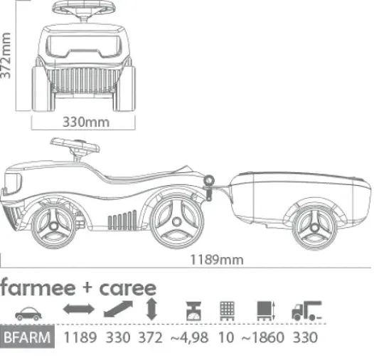 Rysunek techniczny z dokładnymi wymiarami gabarytowymi zestawu traktorka z przyczepką wynoszącymi 1189 × 330 × 372 mm.