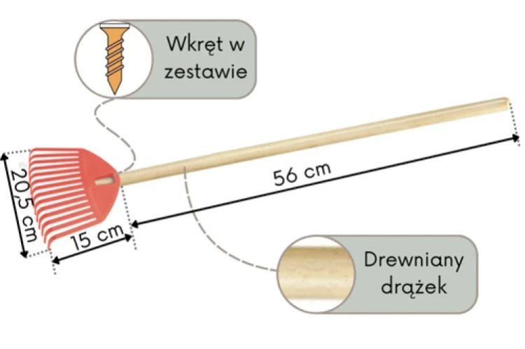 Rysunek techniczny grabek dziecięcych Focus Baby z zaznaczonymi wymiarami 710 mm długości i 217 mm szerokości.