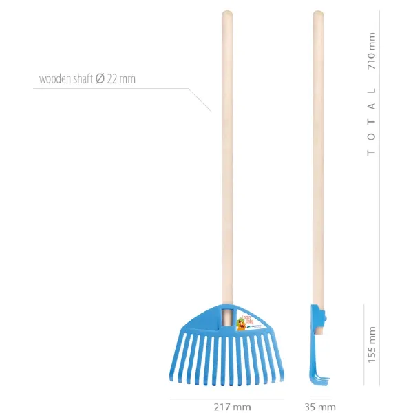 Rysunek techniczny z dokładnymi wymiarami gabarytowymi grabek dziecięcych Focus Baby wynoszącymi 710 mm długości i 217 mm szerokości roboczej.