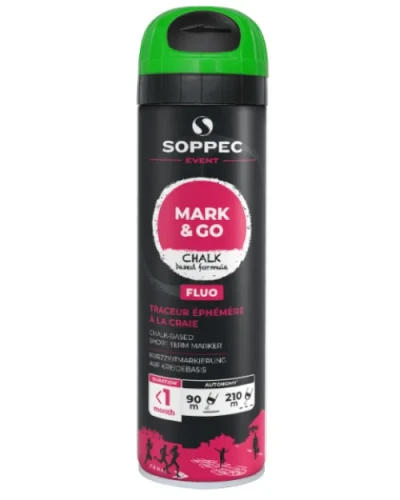 Zielona farba tymczasowa do znakowania Mark&Go Soppec 500ml. Puszka z farbą w sprayu zaprezentowana na białym tle.