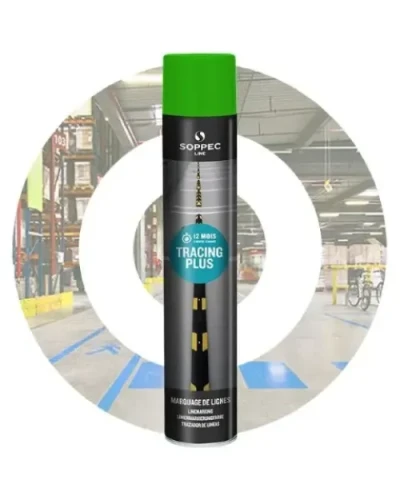 Zielony spray do linii Soppec Tracing Plus 750 ml z pionową głowicą do znakowania posadzek.