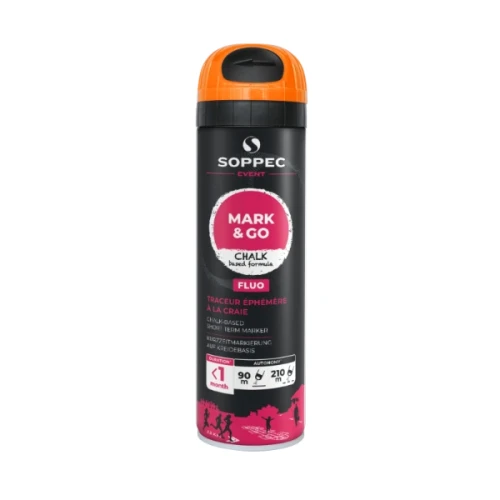 Zmywalny spray kredowy Soppec Mark Go 500 ml pomarańczowy fluo do znakowania geodezyjnego i eventowego.