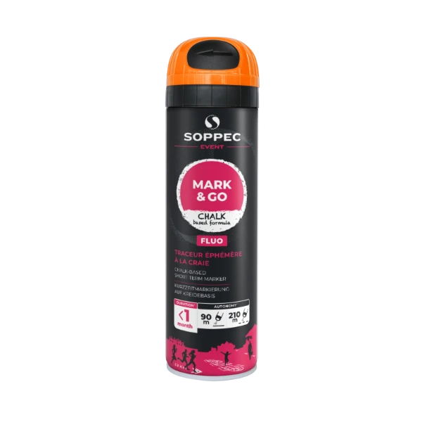 Zmywalny spray kredowy Soppec Mark Go 500 ml pomarańczowy fluo do znakowania geodezyjnego i eventowego.