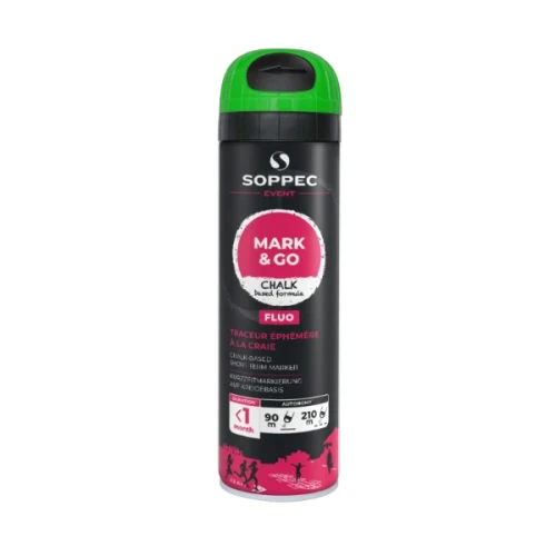 Zielona farba tymczasowa do znakowania Mark Go Soppec 500ml. Puszka z farbą w sprayu zaprezentowana na białym tle.