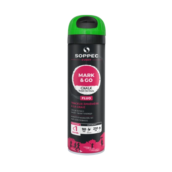 Zielona farba tymczasowa do znakowania Mark Go Soppec 500ml. Puszka z farbą w sprayu zaprezentowana na białym tle.