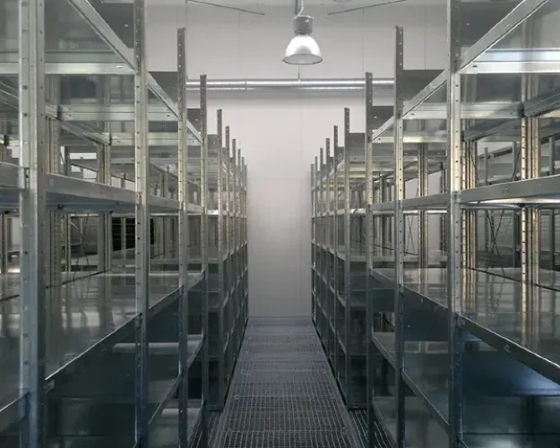 Gotowe ciągi metalowych regałów magazynowych META CLIP wyposażone w półki systemowe ze stali ocynkowanej S235JR.