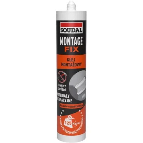 Klej montażowy ekologiczny Soudal Montage Fix 280 ml w kartuszu plastikowym.