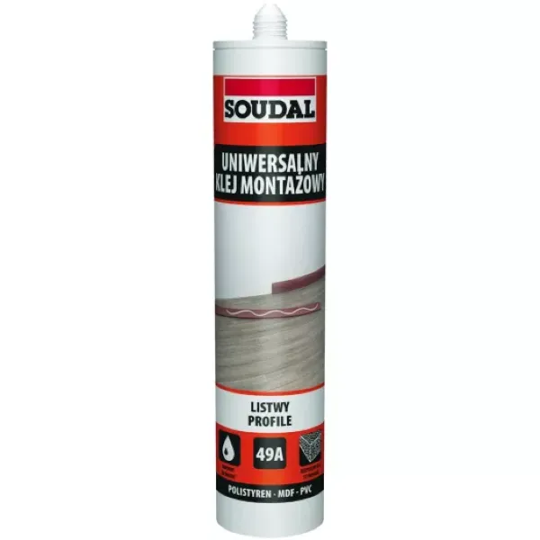 Uniwersalny klej montażowy kauczukowy Soudal 49A 280 ml w kartuszu.