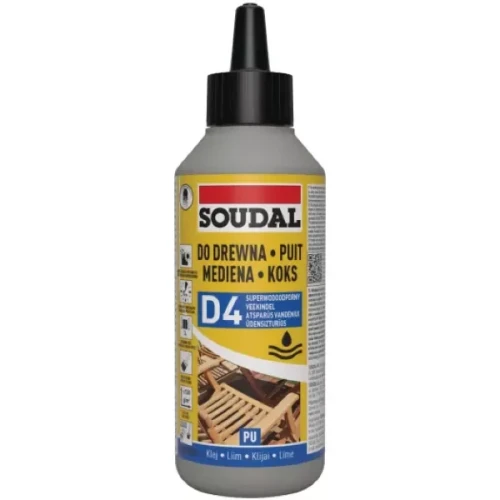 Klej do drewna poliuretanowy D4 Soudal 66A 250 ml, butelka na białym tle.