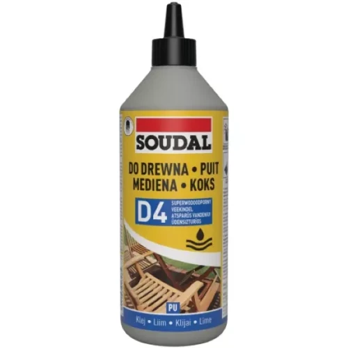 Klej do drewna poliuretanowy D4 Soudal 66A 750 ml, butelka na białym tle.