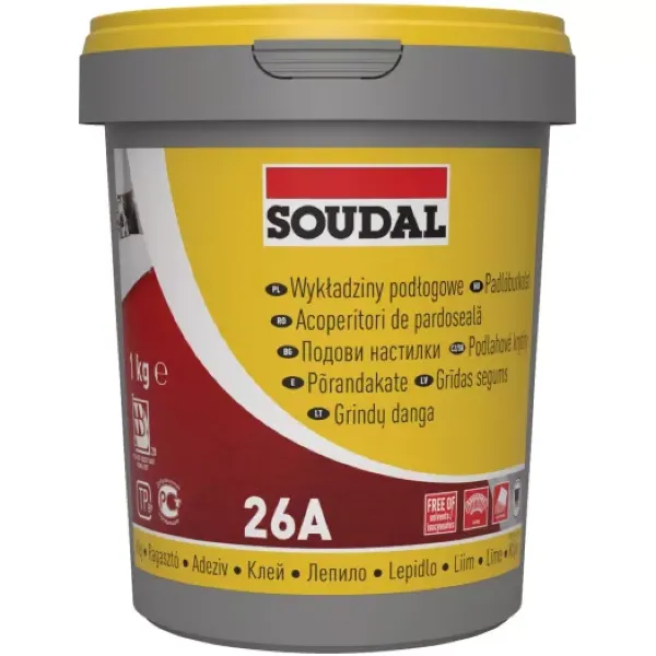 Uniwersalny klej do wykładzin podłogowych Soudal 26A w wiaderku 1 kg.