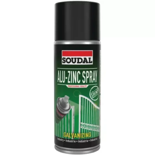 Spray antykorozyjny z alucynkiem Soudal 400 ml, wysoki połysk.