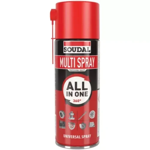 Czerwona puszka uniwersalnego preparatu Soudal Multi Spray All in One 360° do smarowania, czyszczenia i ochrony metalu.
