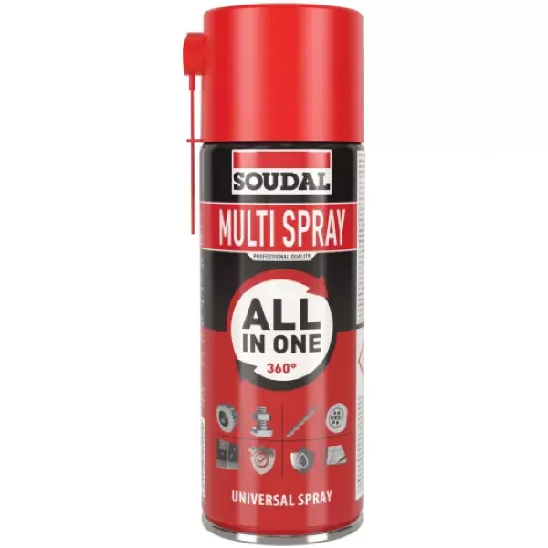 Czerwona puszka uniwersalnego preparatu Soudal Multi Spray All in One 360° do smarowania, czyszczenia i ochrony metalu.