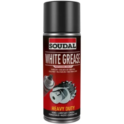 Biały smar litowy Soudal White Grease, puszka z czarną nakrętką, do smarowania i ochrony metalu.