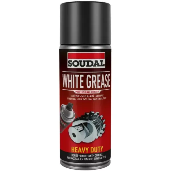 Biały smar litowy Soudal White Grease, puszka z czarną nakrętką, do smarowania i ochrony metalu.