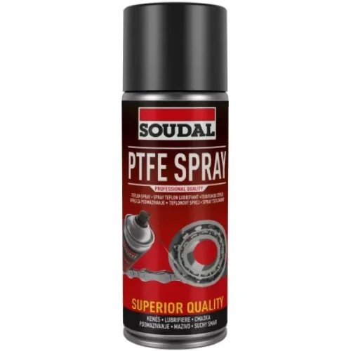 Spray teflonowy Soudal PTFE Spray, puszka z czarną nakrętką, smar teflonowy do łożysk i łańcuchów.