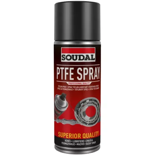 Spray teflonowy Soudal PTFE Spray, puszka z czarną nakrętką, smar teflonowy do łożysk i łańcuchów.
