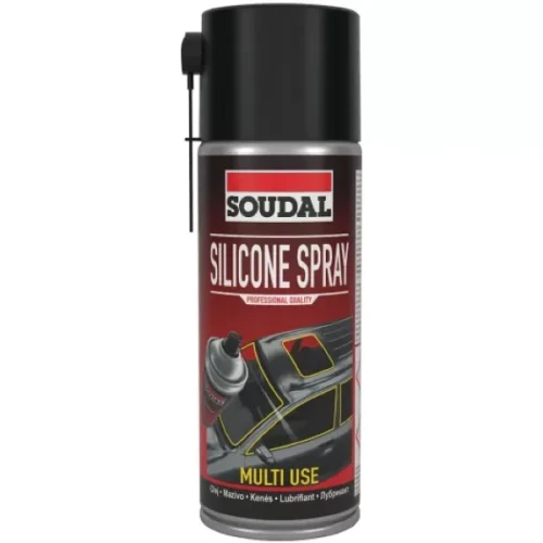 Spray silikonowy Soudal Silicone Spray z czarną nakrętką i rurką, smar do uszczelek oraz tworzyw sztucznych.
