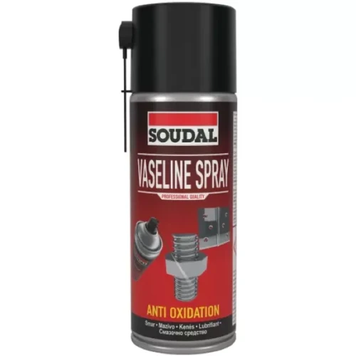 Wazelina techniczna w sprayu Soudal Vaseline Spray z czarną nakrętką i rurką, ochrona przed utlenianiem i korozją