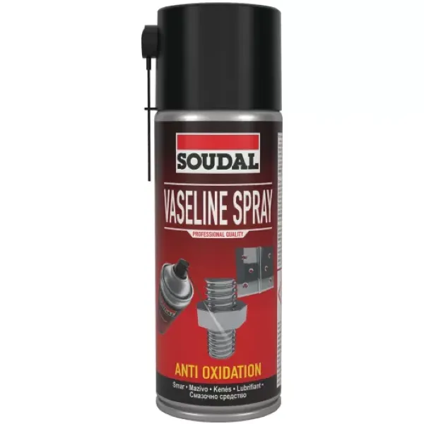 Wazelina techniczna w sprayu Soudal Vaseline Spray z czarną nakrętką i rurką, ochrona przed utlenianiem i korozją