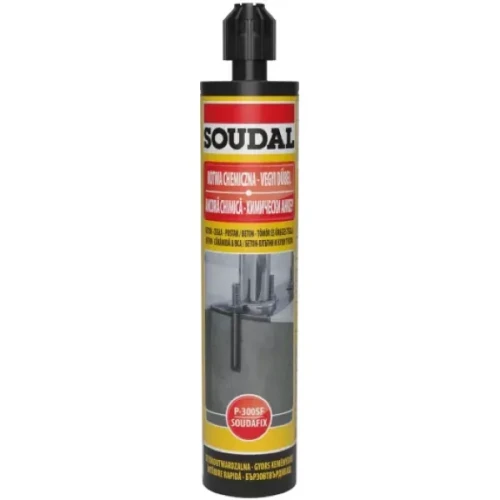 Kotwa chemiczna Soudal Soudafix P-300SF w kartuszu z czarnym aplikatorem, dwuskładnikowa żywica mocująca do betonu i cegły.