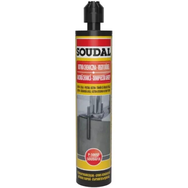 Kotwa chemiczna Soudal Soudafix P-300SF w kartuszu z czarnym aplikatorem, dwuskładnikowa żywica mocująca do betonu i cegły.