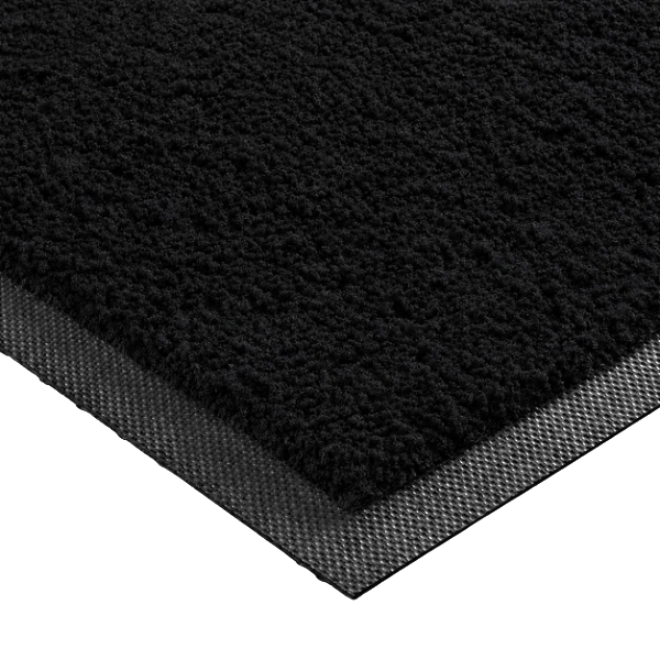 Zbliżenie na wykończenie tekstylnej wycieraczki Monokolor 85x120 cm czarnej z widocznym gumowym borderem ochronnym i strukturą włókien.