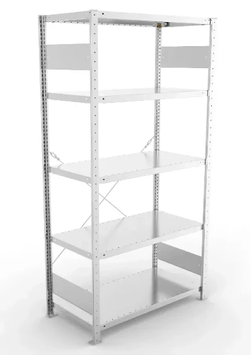 Regał magazynowy META CLIP S3 200x100x50 cm z blachy o grubości 2 mm, widok ogólny zestawu podstawowego.