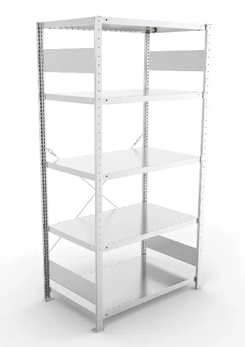 Regał magazynowy META CLIP S3 200x100x60 cm z blachy o grubości 2 mm, widok ogólny zestawu podstawowego.
