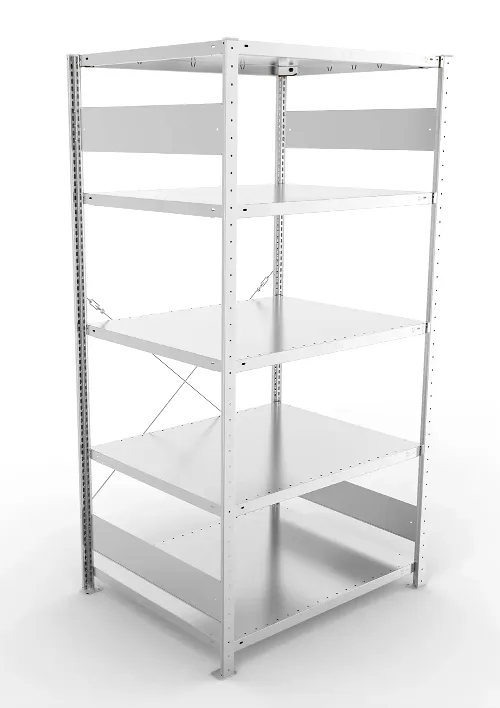 Regał magazynowy META CLIP S3 200x100x80 cm z blachy o grubości 2 mm, widok ogólny zestawu podstawowego.