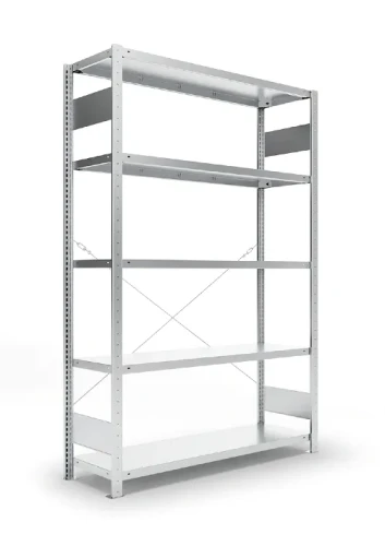 Regał magazynowy META CLIP S3 200x130x50 cm z blachy o grubości 2 mm, widok ogólny zestawu podstawowego.