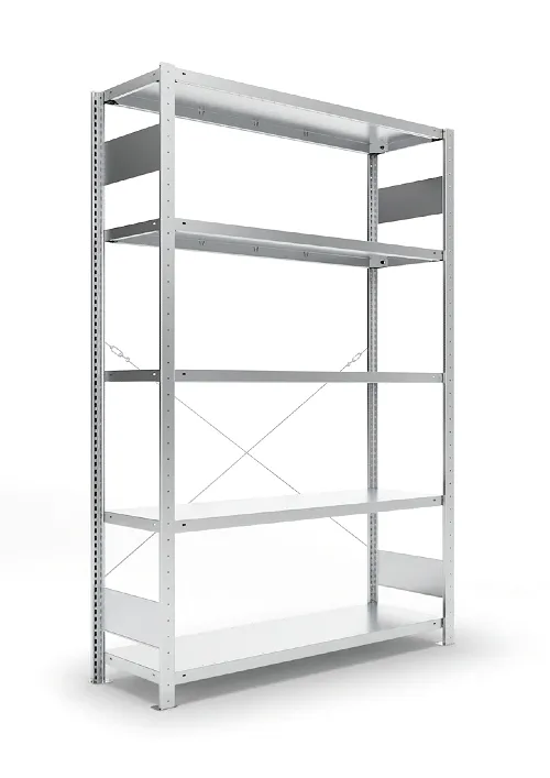 Regał magazynowy META CLIP S3 200x130x50 cm z blachy o grubości 2 mm, widok ogólny zestawu podstawowego.