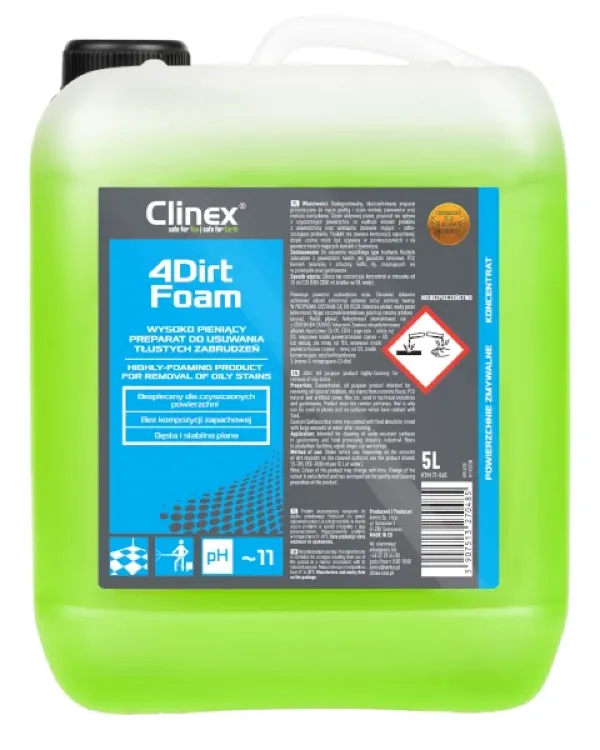Wysokopieniący środek do usuwania tłustych zabrudzeń 4Dirt Foam Clinex w butli o pojemności 5 litrów.
