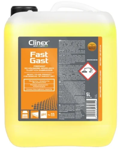Skuteczny preparat do usuwania tłustych zabrudzeń Fast Gast marki Clinex, butelka 5 litrów.
